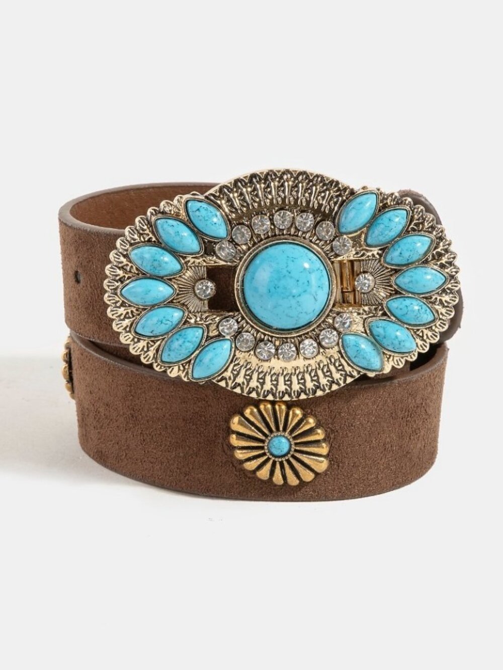 NWT Turquoise Rhinestone Floral Gold Concho Buckle Western Belt – Cognac Brown - Picture 2 of 3